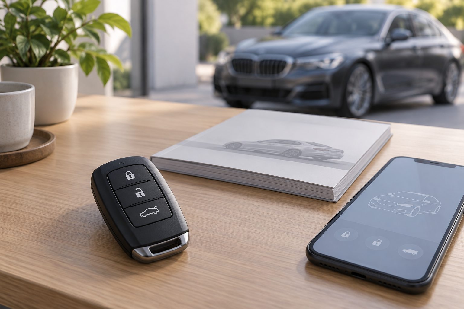 電子キーと説明書、スマートフォンを並べた確認の概念図。実在BMWキーの適合を示す画像ではありません